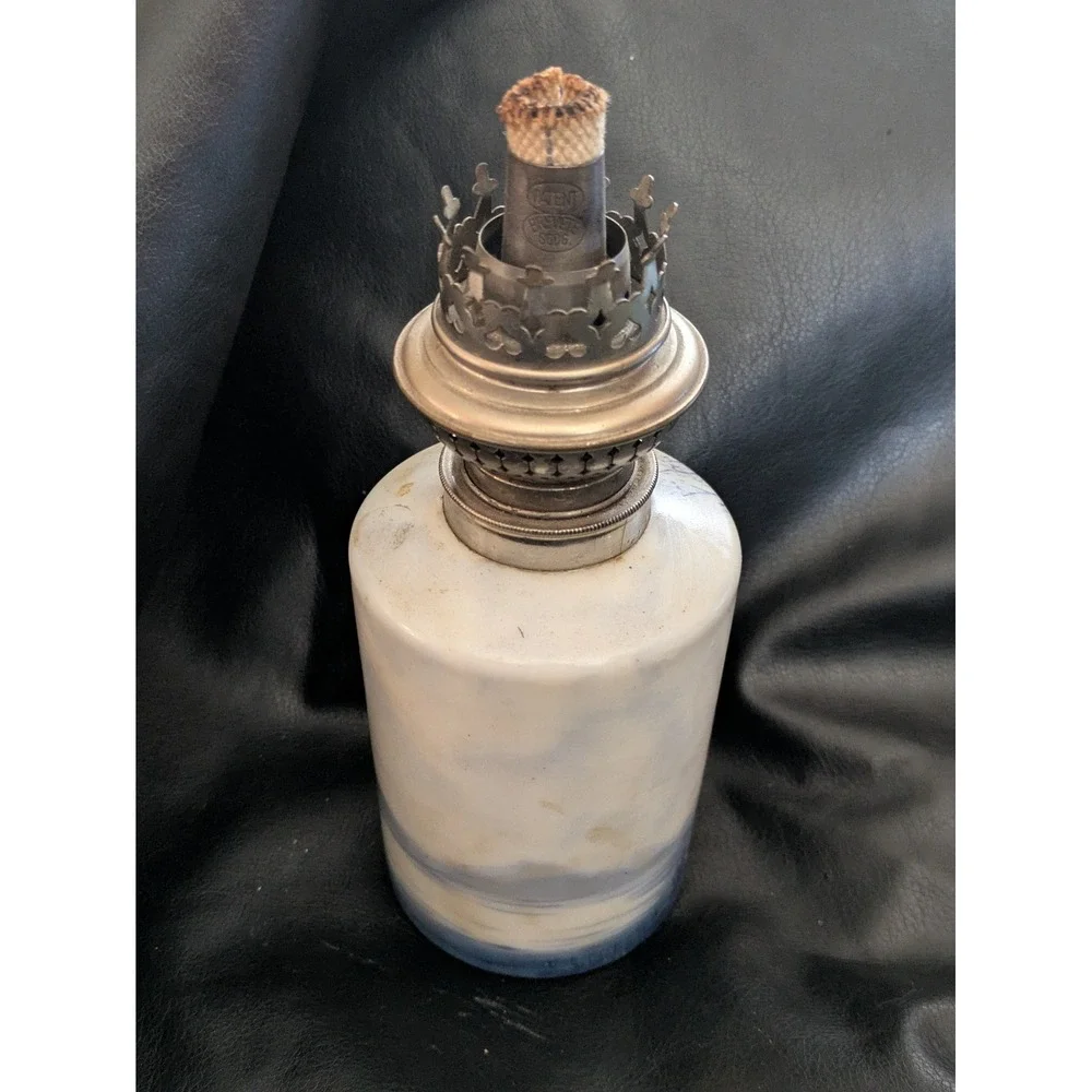 Vintage Baccarat Style Oil Lamp Blue White Windmill Scene Metal Top 4 In Tall